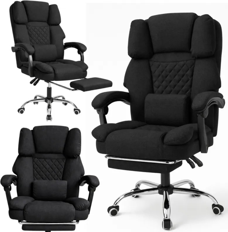 Ергономичен офис стол с подложка за крака и масаж - черна тъкан