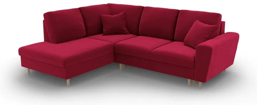 Червен кадифен разтегателен ъглов диван с място за съхранение (ляв ъгъл/L форма) Kyoto – Cosmopolitan Design