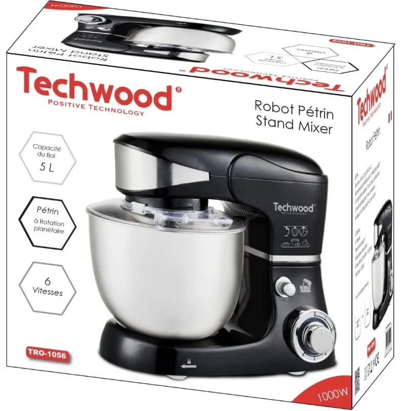 Планетарен миксер Techwood TRO-1056, 1000W, 5 литра, 6 скорости, 3 приставки, Черен/Инокс