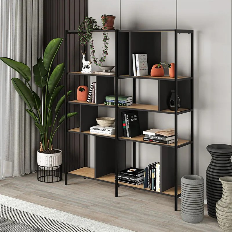 Книжна рафт Maxi от меламин в копринен черен - сапфирен дъб 144x35x175см.