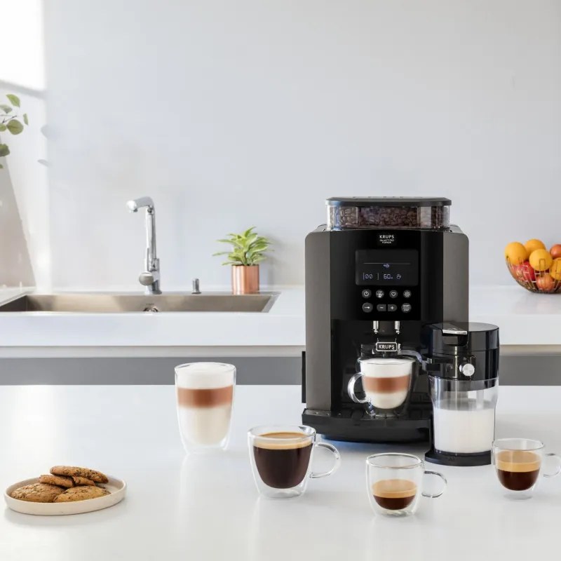Кафеавтомат Krups Arabica Latte EA819E10, 1450W, 15 bar, 1.7 l, LCD, 5 програми, 3 функции, 3 настройки за темп. и аромат, Milk Comfort / One Touch Cappuccino, Черен