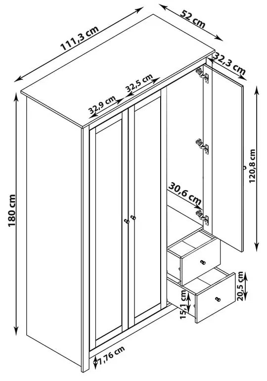 Дъбов гардероб в сив/естествен цвят 112x180 cm Emerald - Støraa