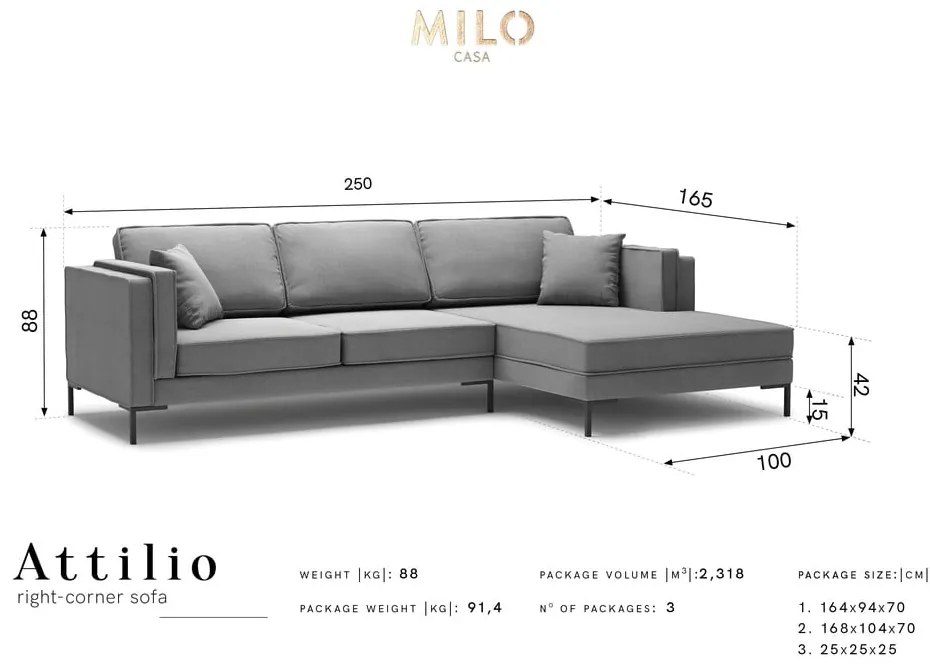 Сив ъглов диван , десен ъгъл Attilio - Milo Casa