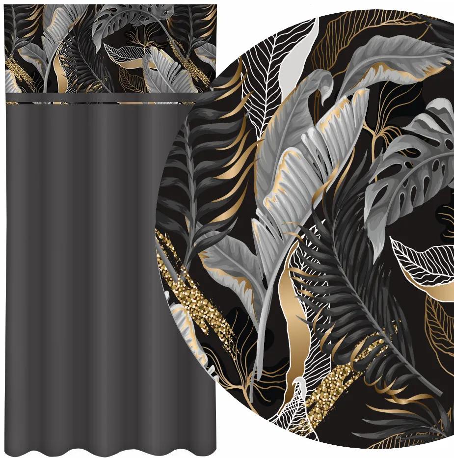 Обикновена тъмносива завеса с принт на сиви и златни листа Ширина: 160 см | Дължина: 250 см