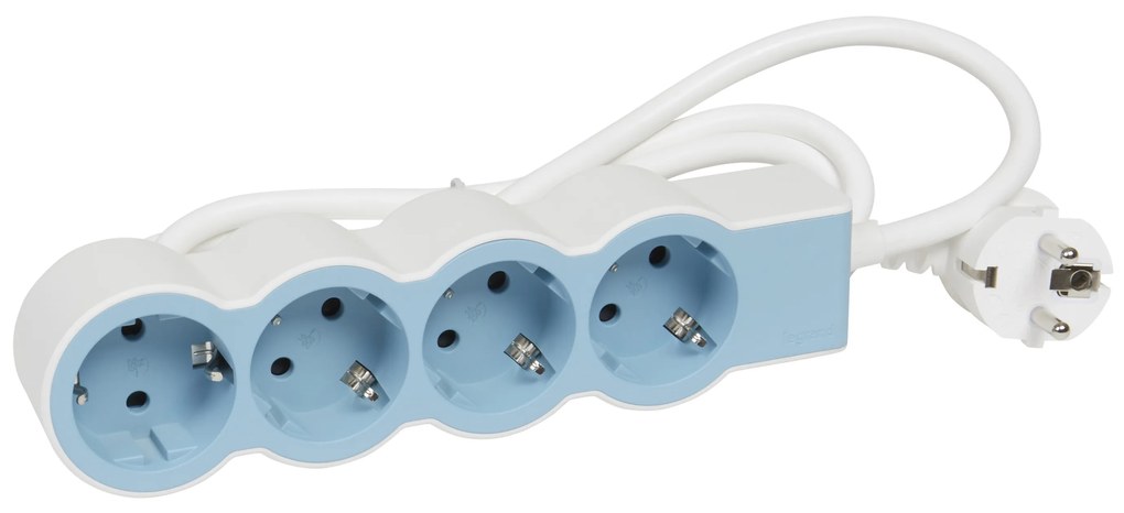 Legrand 694554  Разклонител STD, шуко, 4X2P+E, 1,5м. кабел, бяло/светлосиньо - 694554