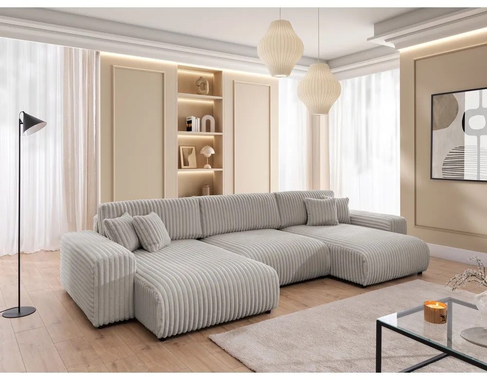 Светлосив сгъваем/с място за съхранение ъглов диван от рипсено кадифе (U форма) Sarina – Ropez