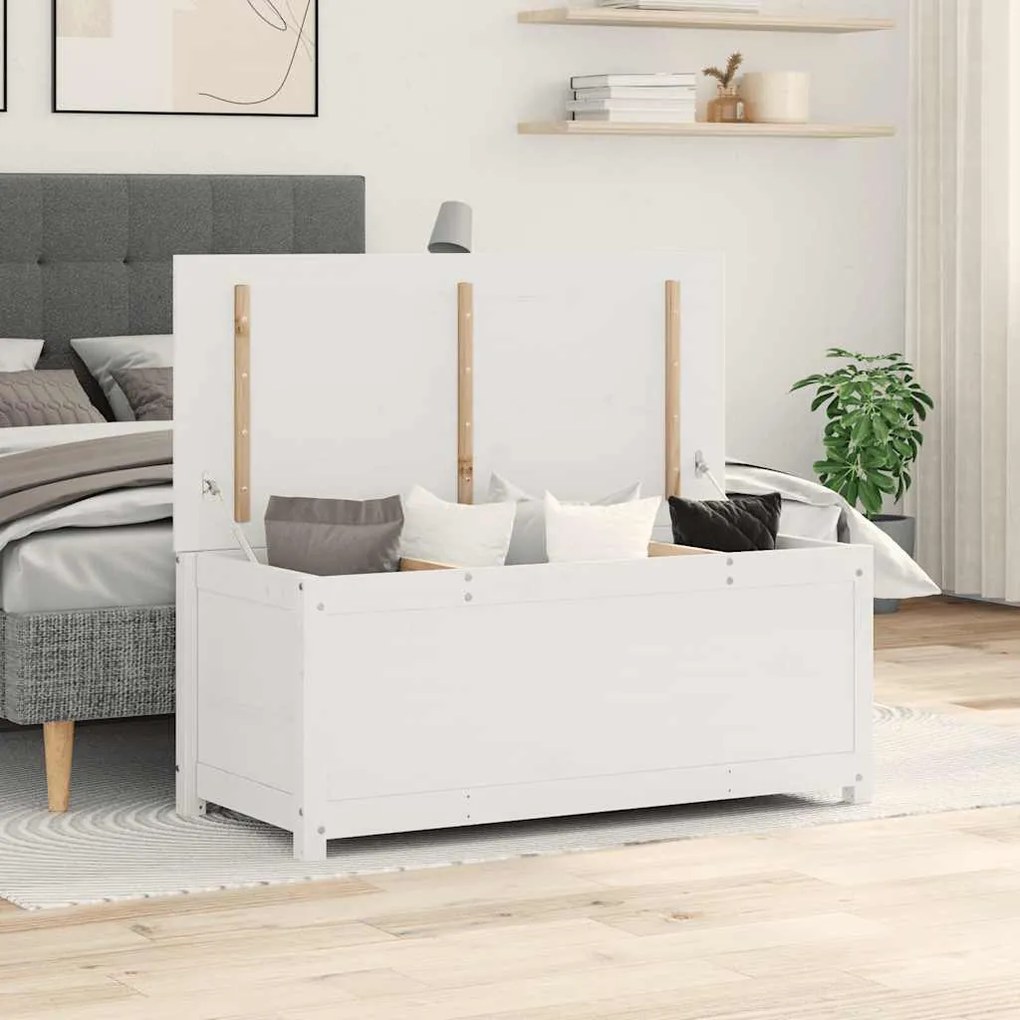 823540 vidaXL Кутия за съхранение, бяла, 110x50x45,5 см, борово дърво масив