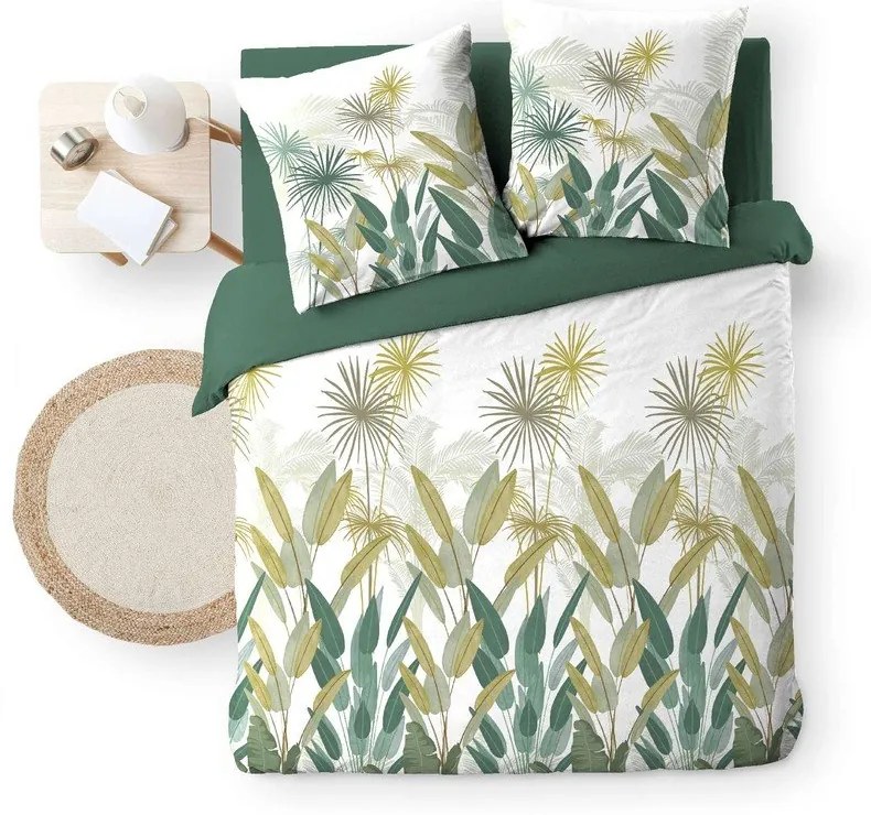 Бяло/зелено двойно удължено памучно спално бельо 240x220 cm Otika – douceur d'intérieur