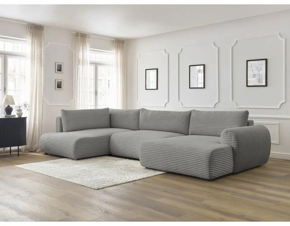 Тъмносив сгъваем/с място за съхранение ъглов диван от рипсено кадифе (ляв ъгъл/U форма) Lucien – Bobochic Paris