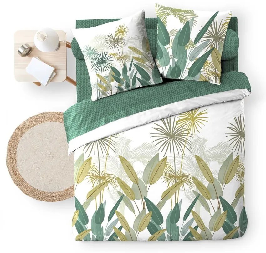 Бяло/зелено двойно удължено памучно спално бельо с включен долен чаршаф 6 части 240x220 cm Otika – douceur d'intérieur