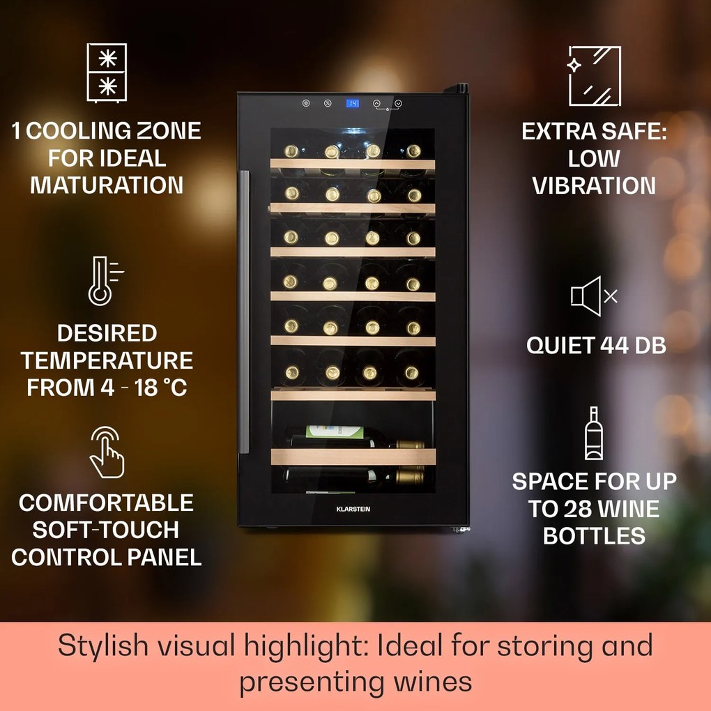 Klarstein Barossa 29 Uno, охладител за вино, 1 зона, 88 литра/28 бутилки, сензорен дисплей