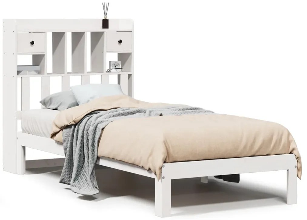 3322588 vidaXL Легло с рафтове за книги, без матрак, бял, 90x190 см, бор масив