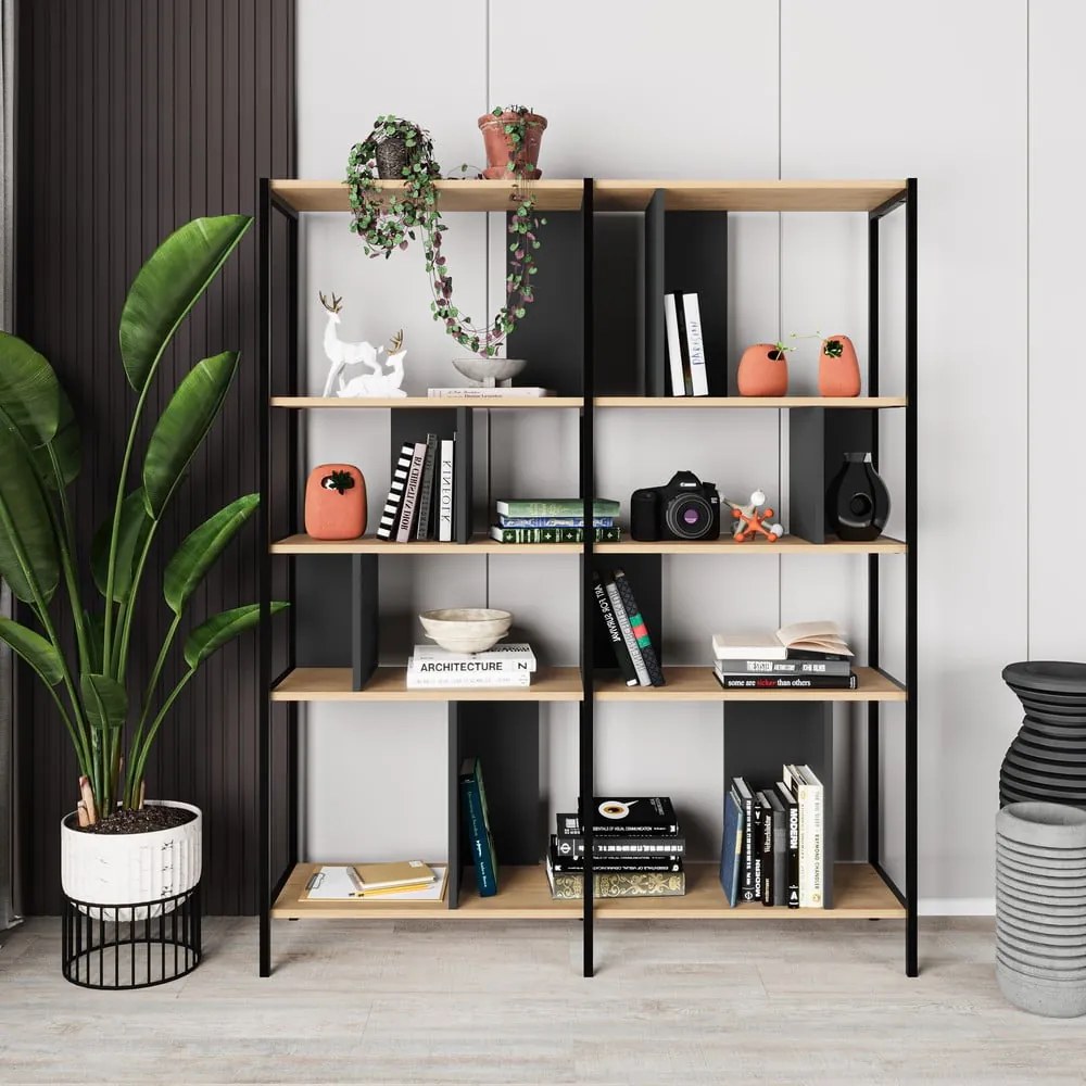 Етажерка за книги в дъбов декор в черно-натурален цвят 144x175 cm Alabama - Marckeric