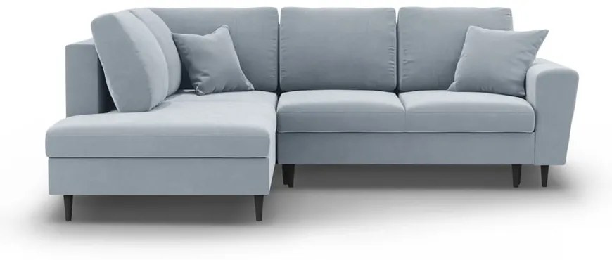 Светлосин кадифен разтегателен ъглов диван с място за съхранение (ляв ъгъл/L форма) Kyoto – Cosmopolitan Design
