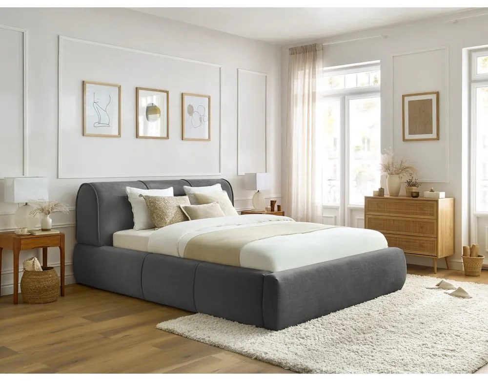 Сиво тапицирано двойно легло с място за съхранение с решетка 180x200 cm Vernon - Bobochic Paris