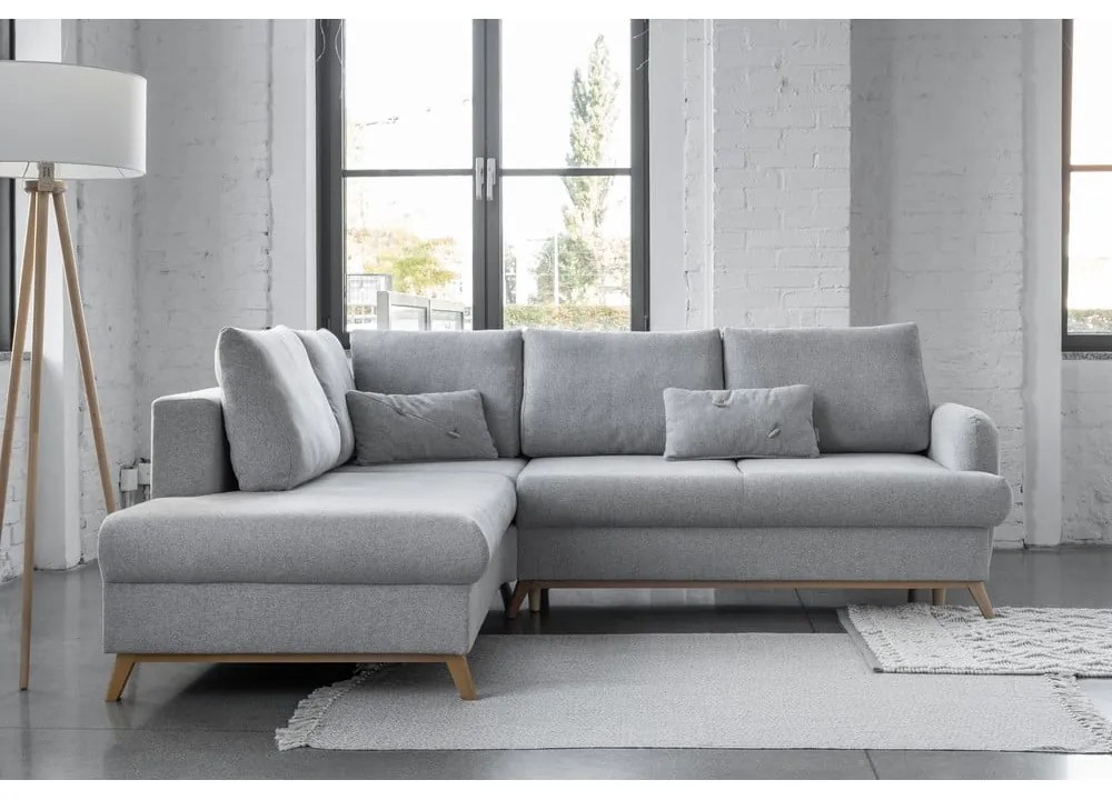 Светлосив разтегателен/с място за съхранение ъглов диван (ляв ъгъл/L форма) Scandic Lagom – Miuform