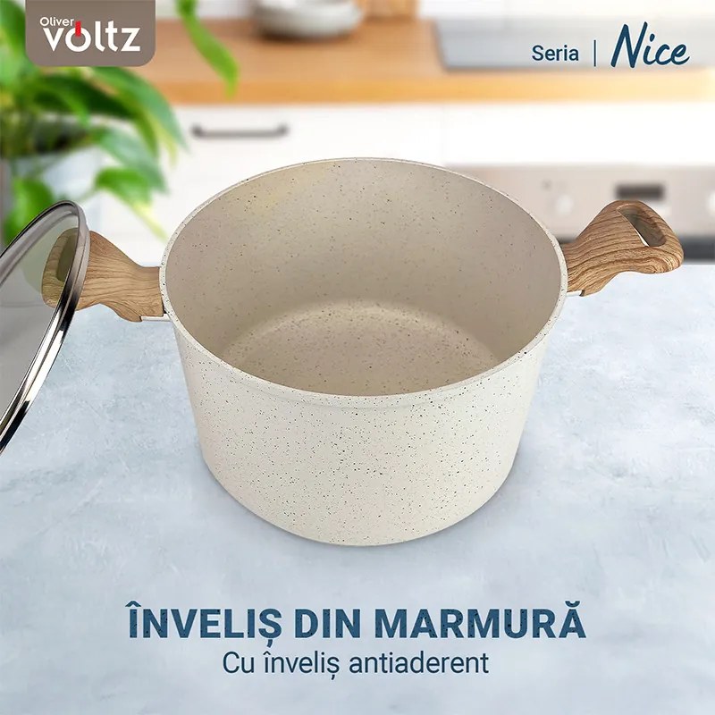 Тенджера Voltz Nice OV54418E24D, 24x15 см, 6.5 л, Мраморно покритие, Индукция, Кремав меланж