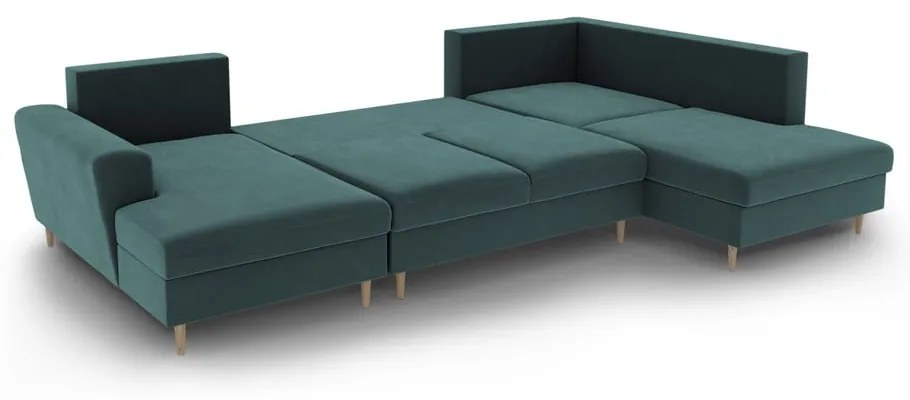 Кадифен разтегателен ъглов диван с място за съхранение в петролен цвят (десен ъгъл/U форма) Kyoto – Cosmopolitan Design