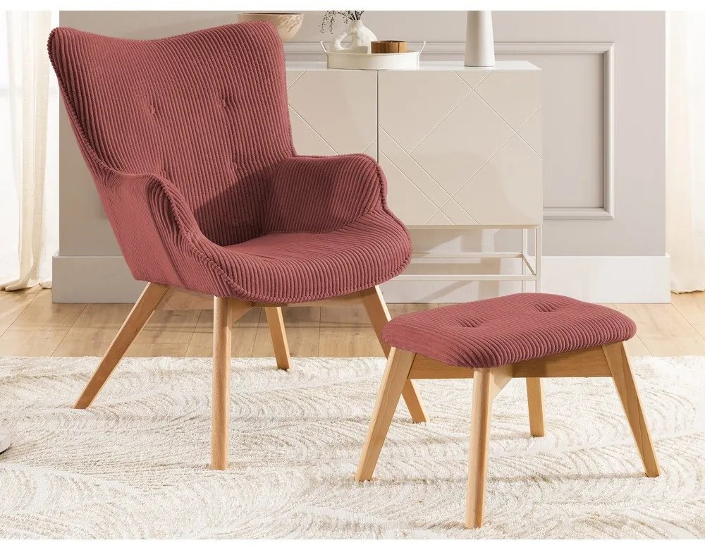 Червен фотьойл с табуретка от рипсено кадифе Niko – Ropez