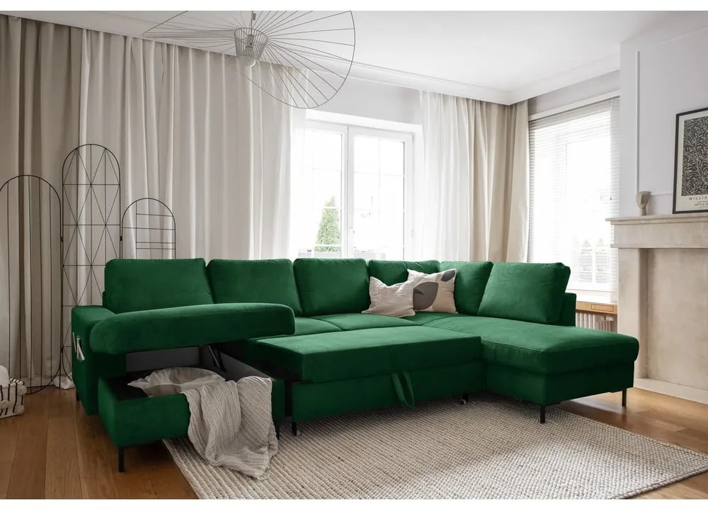 Тъмнозелен разтегателен ъглов диван от рипсено кадифе (десен ъгъл) Lofty Lilly – Miuform