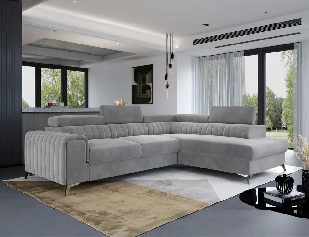 Сив кадифен разтегателен ъглов диван с място за съхранение (десен ъгъл L форма) Laurence – ELTAP