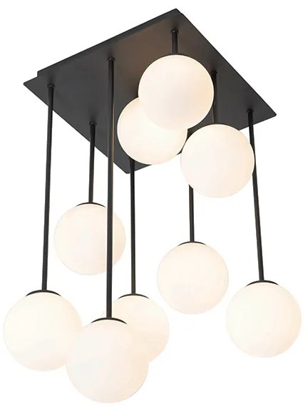 Модерна таванна лампа черна с опалово стъкло 9-лампа - Атина