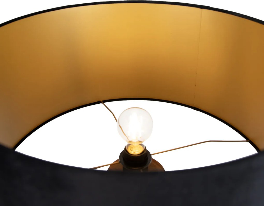 Подова лампа от орехово дърво с черен абажур със златист интериор 50 см - Tripod Classic