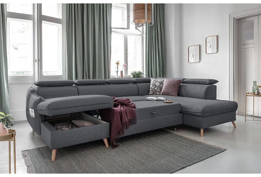 Тъмносив U-образен разтегателен диван, десен ъгъл Sweet Harmony - Miuform