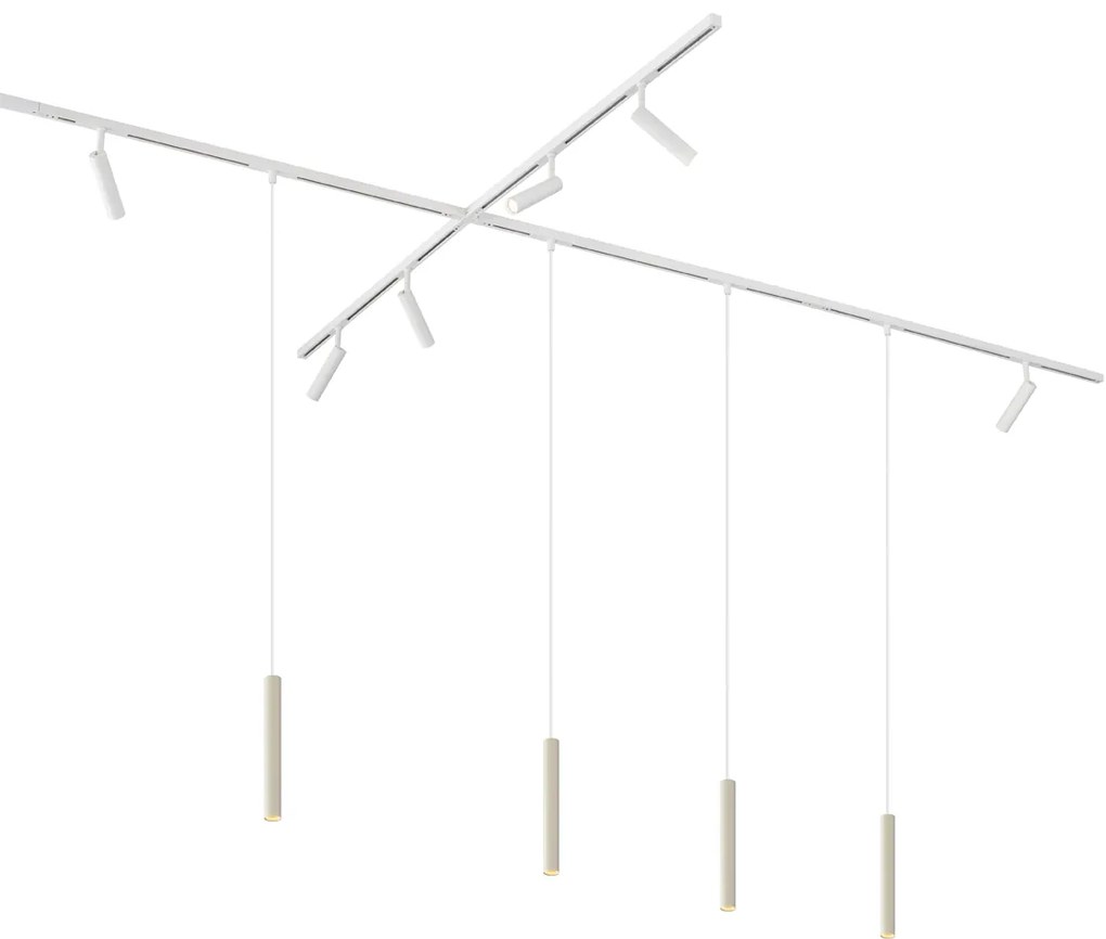 Модерна релсова система за осветление с 6 прожектора и 4 висящи лампи бежово и бяло 1-фазно - Slimline Uzzy Keno