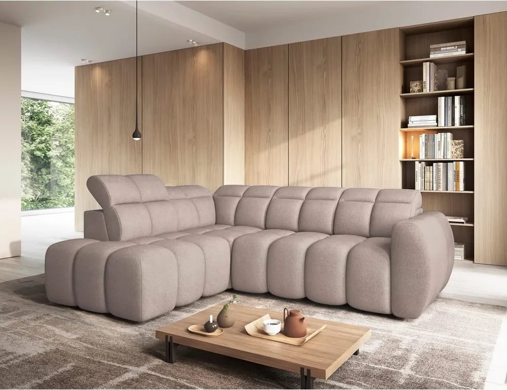 Светлокафяв разтегателен ъглов диван с място за съхранение от букле (ляв ъгъл L форма) Falconn – ELTAP