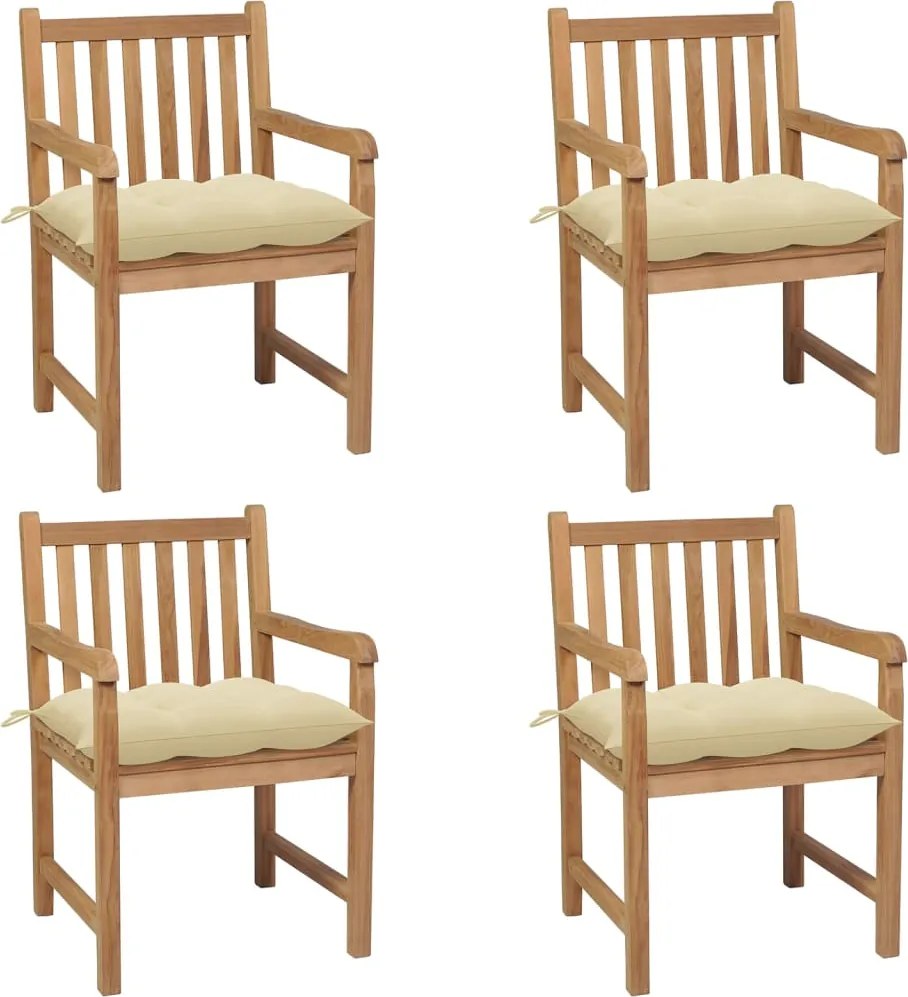 3073021 vidaXL Градински столове, 4 бр, кремавобели възглавници, тик масив