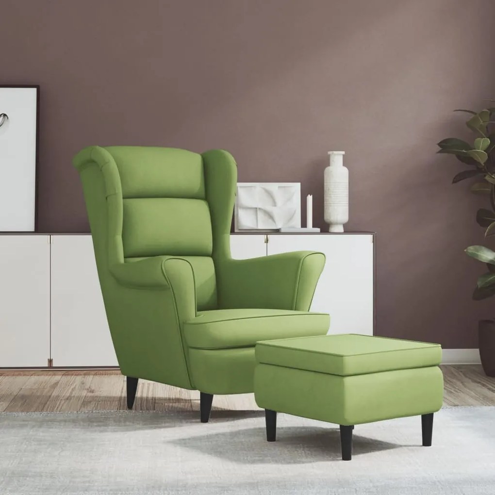 3115934 vidaXL Фотьойл Wingback с табуретка, светлозелено, кадифе