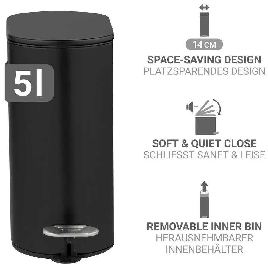 Матово черно стоманено кошче за боклук с педал 5 l Collungo – Wenko