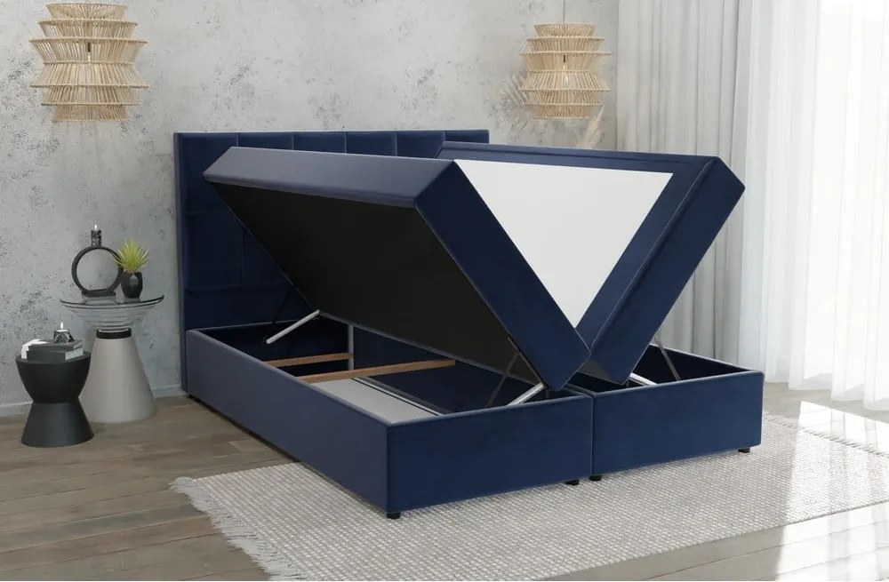 Тъмносиньо боксспринг легло 180x200 cm с място за съхранение Flip – Ropez