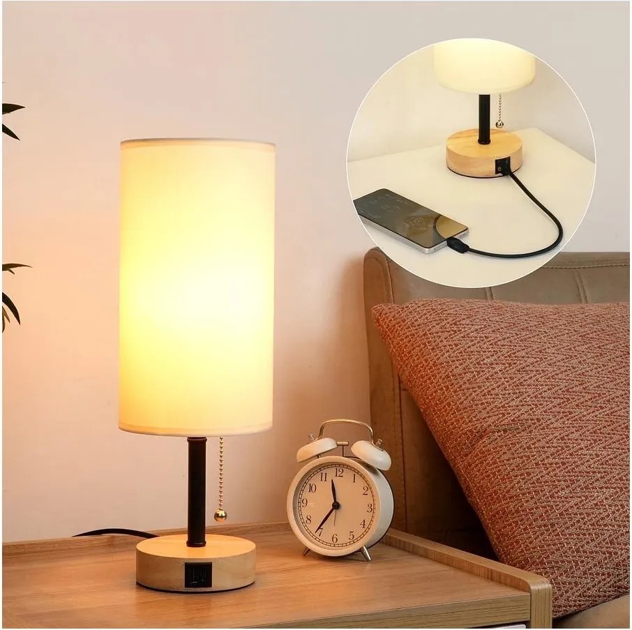 Brilagi - Настолна лампа с USB порт TABLON 1xE27/25W/230V дъб/черен/крем