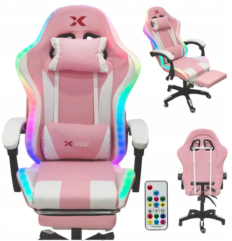 Xgaming LED геймърски стол с поставка за крака - розов