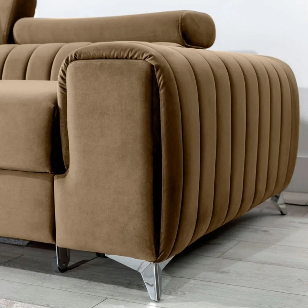 Светлокафяв кадифен разтегателен ъглов диван с място за съхранение (ляв ъгъл) Grayson – ELTAP