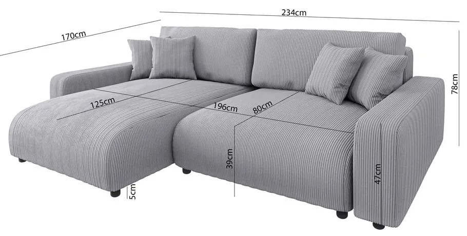 Светлосив разтегателен ъглов диван от рипсено кадифе (променлив) Sara – Ropez