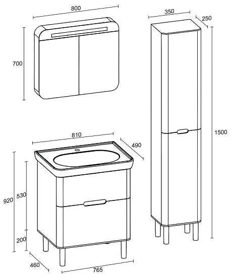 Комплект за баня, горен шкаф, долен шкаф и колона 6010