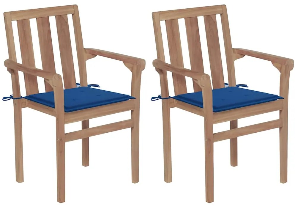 3062218 vidaXL Градински столове, 2 бр, кралскосини възглавници, тик масив