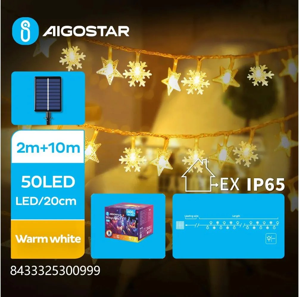 Aigostar - Соларна LED гирлянда 50 LED / 8 функции, 12 м, IP65, топла бяла светлина