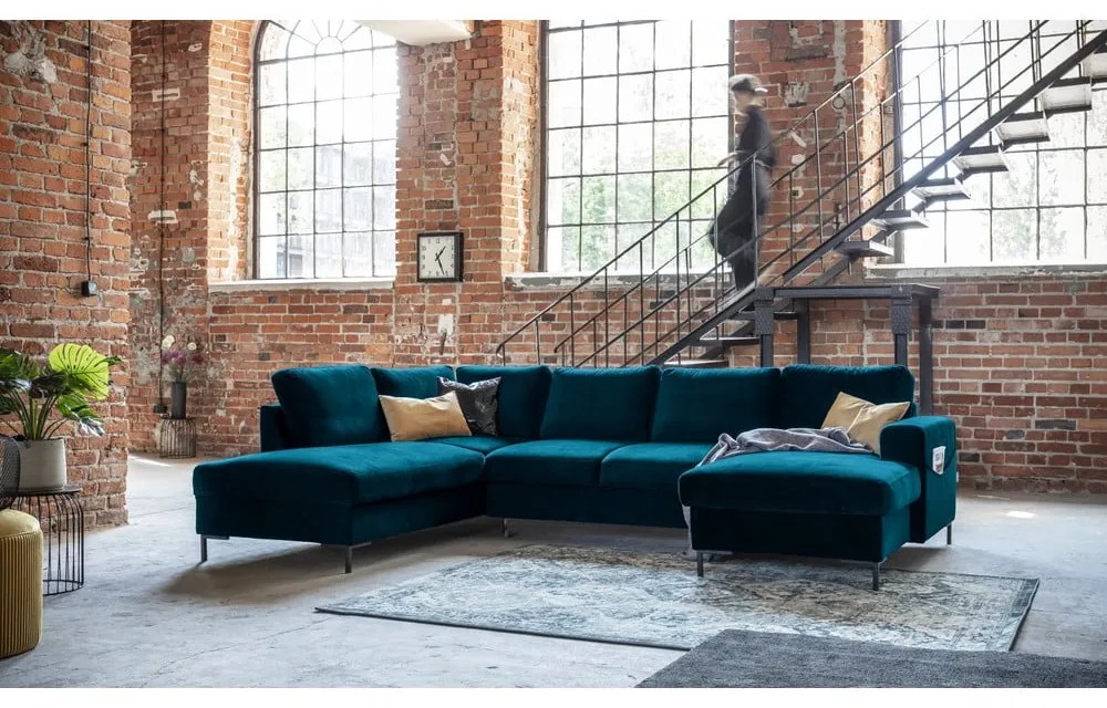 Кадифен разтегателен ъглов диван петролен (ляв ъгъл) Lofty Lilly – Miuform