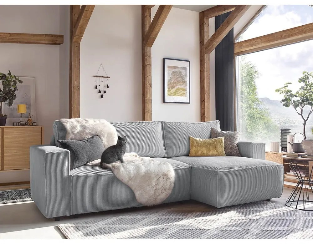 Светлосив велурен разтегателен диван Nihad - Bobochic Paris