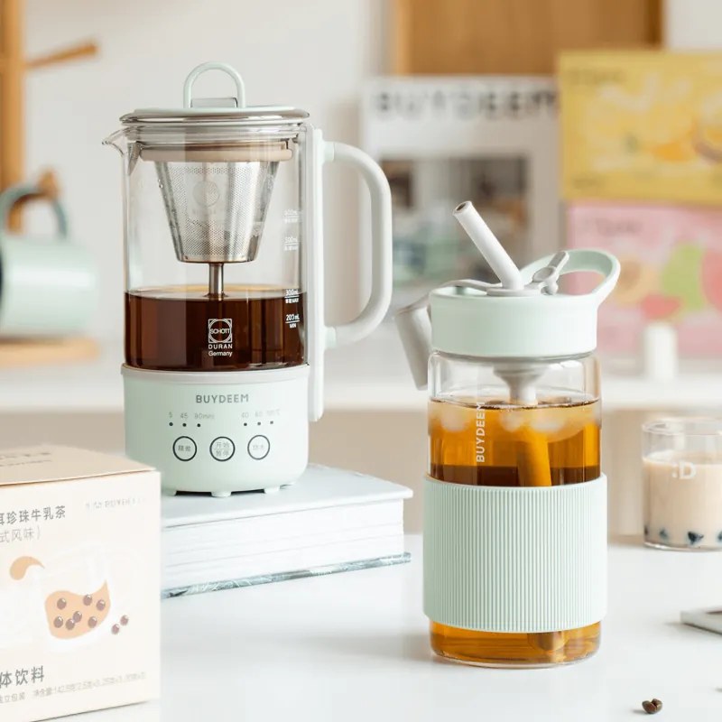 Преносима бутилка за напитки Buydeem CD1017-CG, 500 мл, Вградена сламка, Непропусклива, Термоустойчиво стъкло до 150°C, BPA free, Зелен