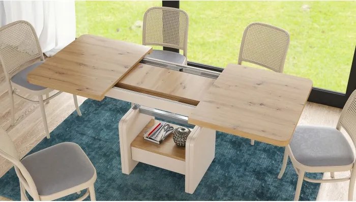 ЛЕКСУС Дъб Артизан/Бежов (Шампанско) - МОДЕРНА РАЗТЕГАТЕЛНА ХОЛНА МАСА С ПОВДИГАЩ МЕХАНИЗЪМ