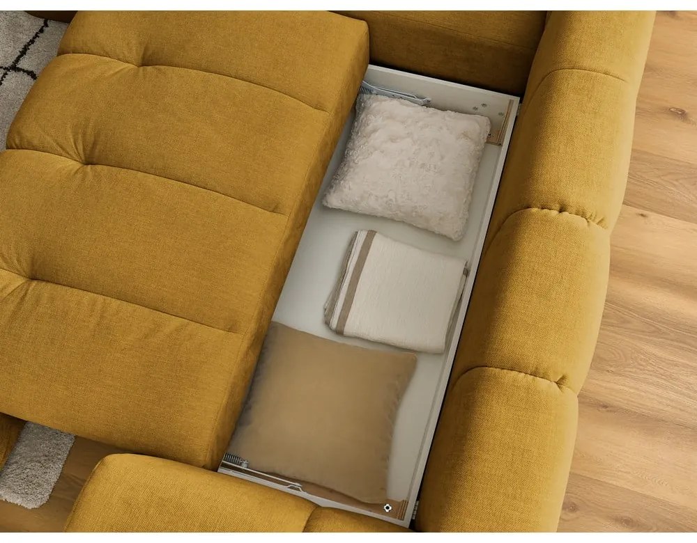 Сгъваем/с място за съхранение ъглов диван в цвят горчица (ляв ъгъл/L форма) Fuji – Bobochic Paris