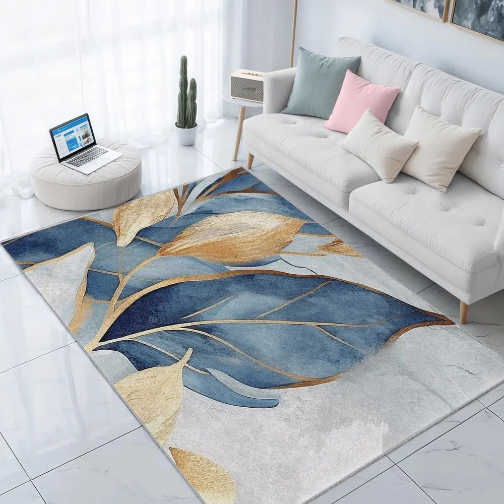Синьо-златист килим подходящ за пране 80x150 cm Golden Leaves – Mila Home