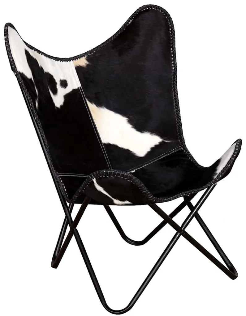 243729 vidaXL Стол тип пеперуда, черно и бялo, естествена телешка кожа