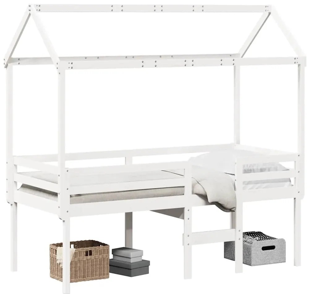 3282133 vidaXL Високо легло с покрив, бяло, 90x200 см, борово дърво масив