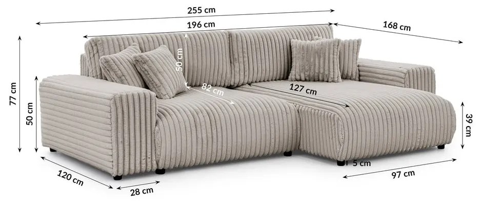 Светлосив разтегателен ъглов диван от рипсено кадифе с място за съхранение (десен ъгъл) Sarina – Ropez